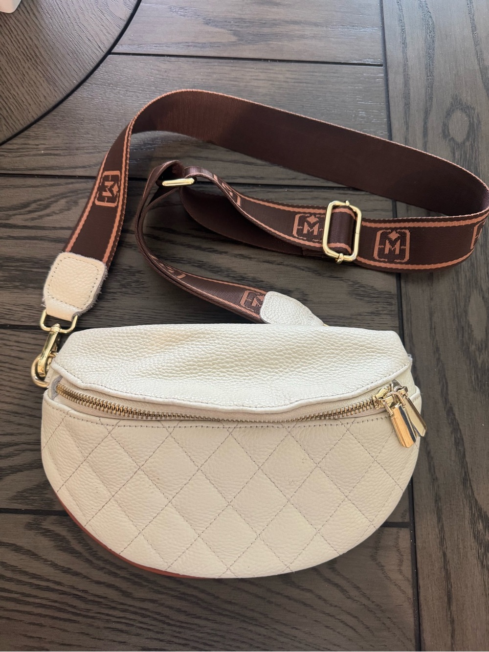 Quilted Cream Leather Crossbody Belt Bag with Contrast Strap